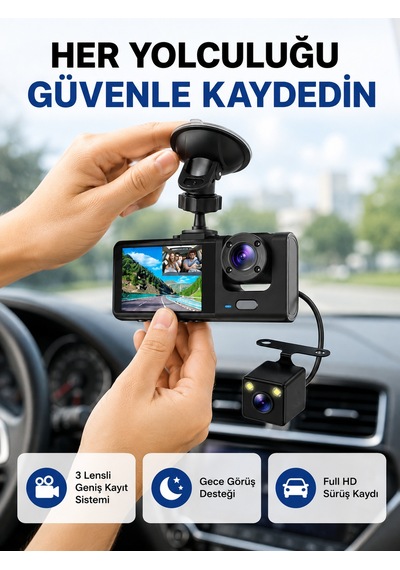 Üç Kameralı Araç İçi Kayıt Sistemi Full Hd Gece Görüşlü Ve G-sensör Destekli - Lisinya 37148000