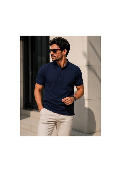 Luxıc Core Erkek Polo Yaka Lacivert Tişört Likralı Pike Kumaş Terletmez Slim Fit Günlük Şık Tasarım