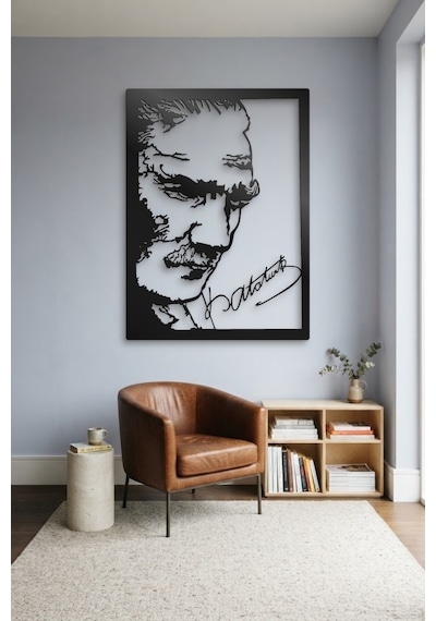 Atatürk Ve İmza Metal Duvar Tablosu - Duvar Sanatı - Duvar Dekoru - Siyah