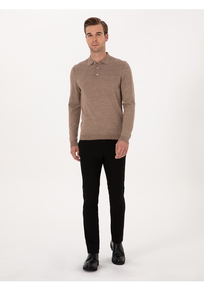Cacharel Vizon Slim Fit Yün Karışımlı Polo Yaka Basic Triko Kazak Kahverengi