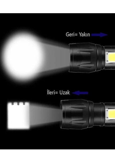 Çok Kullanışlı Pratik 2 Adet Ultra Güçlü Usb Şarjlı El Feneri Kamp Avcılık Polis Feneri Siyah