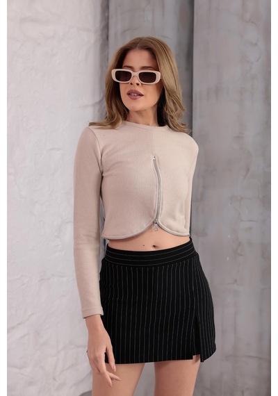 Ckm Moda Mira Selanik Oval Fermuar Bluz Bej
