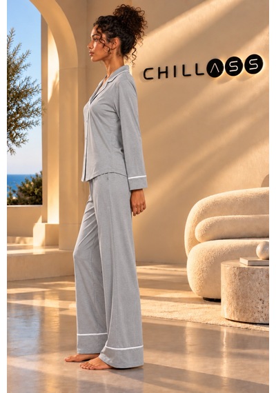 Chıllass Kadın Pamuklu Uzun Kollu Pijama Takımı Önden Düğmeli Gri Gri