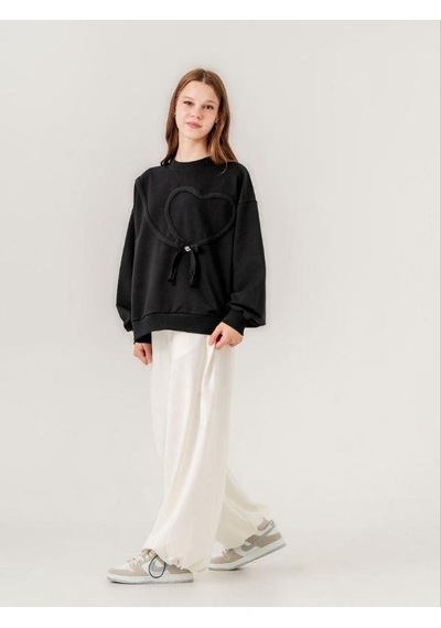 Kız Çocuk Ekstrafor Kalp Detaylı Tasarım Sweatshirt-14225 Siyah