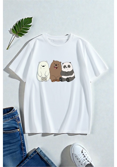 Uyguntarz Unisex Kafadar Ayılar Tasarım Tshirt Beyaz