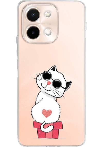 Vivo Y28 İle Uyumlu Coolcat Baskılı Tasarım Kamera Korumalı Şeffaf Silikon Kılıf Şeffaf