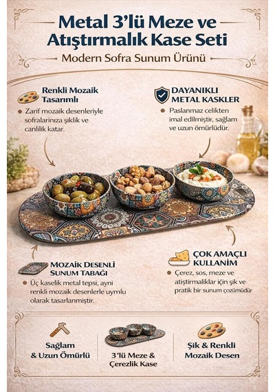 Metal 3 Lü Meze Ve Atıştırmalık Kase Seti,renkli Mozaik Desenli Sunum Tabağı İle, Dayanıklı Çer Diğer