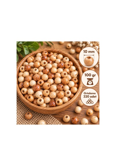 10 Mm Vernikli Ahşap Boncuk 100 Gr Ortalama 320 Adet Doğal Ahşap Delikli Makrome, Takı Ve Hobi Boncuğu - 938372067