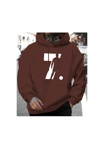 Herkesemoda Baskı Detaylı İçi Polarlı Kapüşonlu Sweatshirt Kahverengi