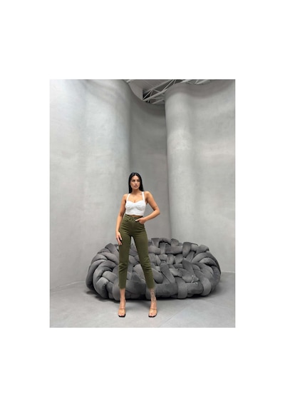 Kene Jeans Kadın Haki Yüksek Bel Keten Paça Kesik Dar Paça Pantolon Haki