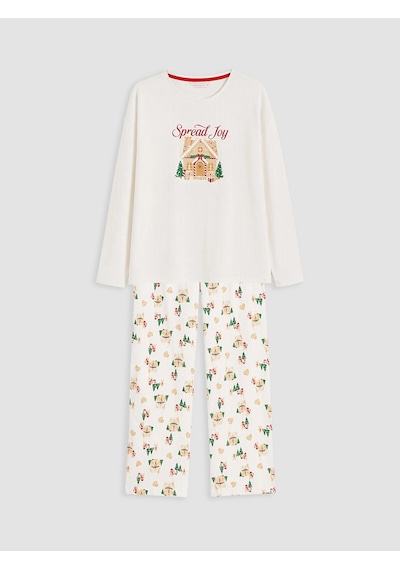 LC Waikiki Lcw Dream Ekru Yılbaşı Temalı Kadın Pijama Takımı Ekru Baskılı