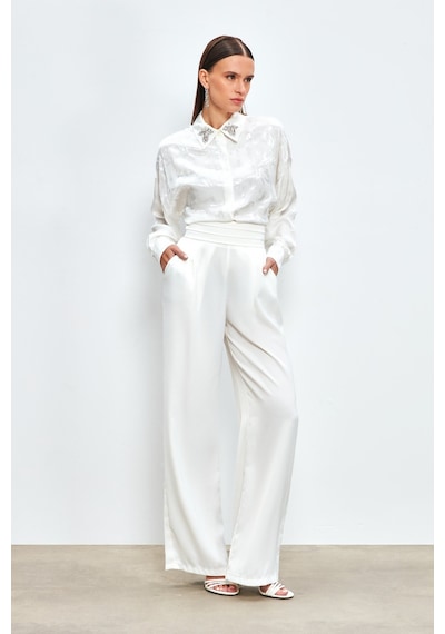 Sateen Cepli Salaş Saten Pantolon - Ekru