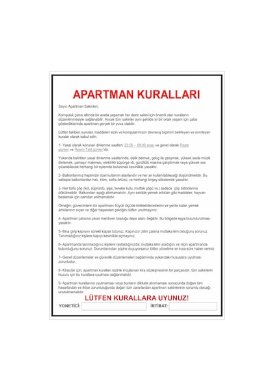 Apartman Kuralları 30x42 Cm Pvc Kaplı Afiş