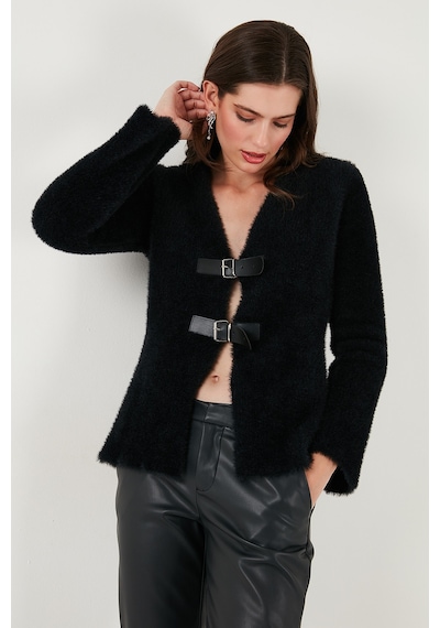 Lela Premium Regular Fit V Yaka Çift Kemerli Peluş Bayan Hırka 680Hi00112 Siyah