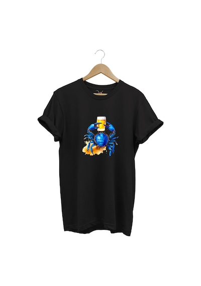 Yaz Baskılı Mavi Yengeç %100 Pamuk Regular Fit Bisiklet Yaka Siyah T-shirt Siyah
