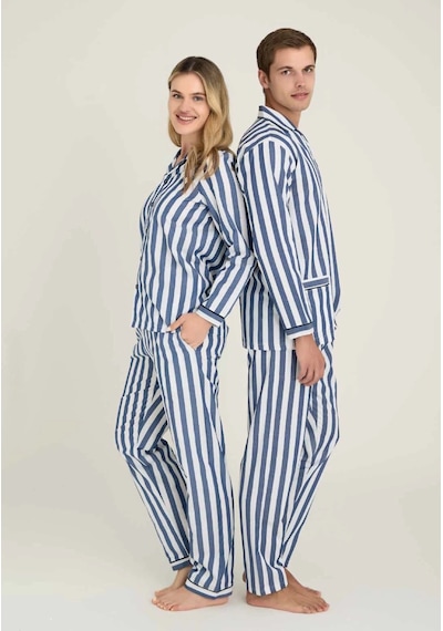 Kocabey 4007 Kadın Uzun Kol Çizgili Gaffuriye Pijama Takımı Mavi