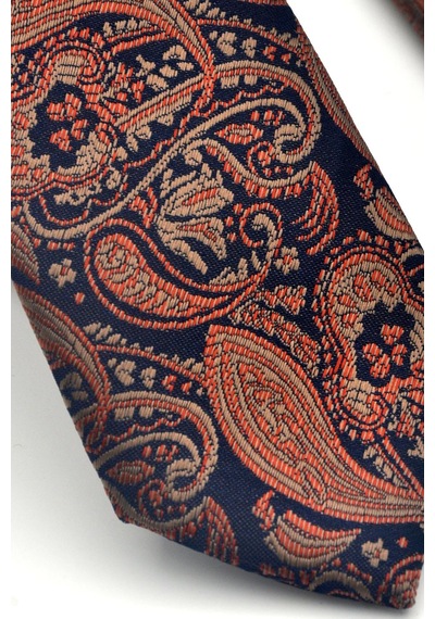 Gaffy Kahverengi Şal Desenli Lacivert Dokuma Kumaş Mendilli Slim Fit Kravat // Sdk-2607-5 Kahverengi