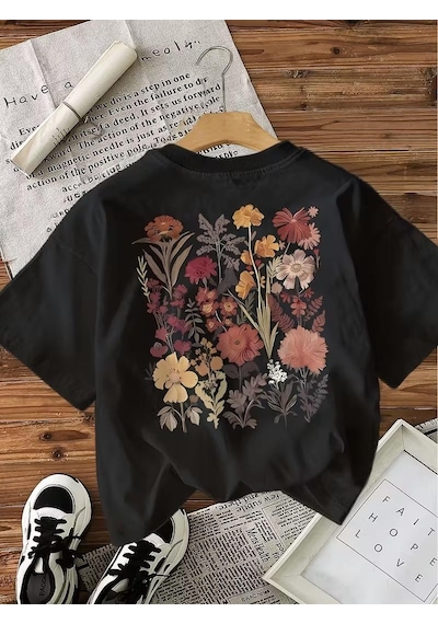 Retro Botanik Sırt Baskılı Çiçek Desenli Premium Kadın Oversize T-shirt SIYAH