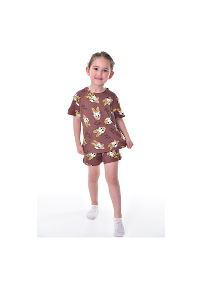 %100 Pamuk Interlok Kumaş Kısa Kollu Şortlu Kız Çocuk Pijama Takımı 3,4,5,6,7,8 Yaş Kahverengi