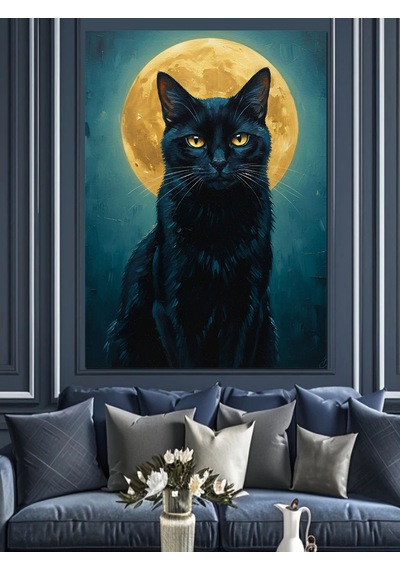 Ahşap Tablo Dolunay Altındaki Kara Kedi Çocuk Odası Tabloları