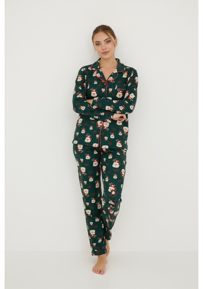 Luxury Soft Yeşil Noel Baba Desenli Uzun Kollu Kadın Pijama Takımı 3023 Turkuaz