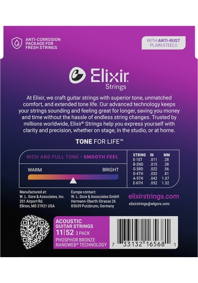 Elixir 011-052 Fosfor Bronz Akustik Gitar Teli Ekonomik 3'lü Set 16568