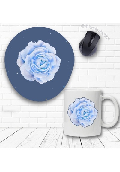 Mavi Gül Baskılı Kupa Bardak Ve Bilek Destekli Mouse Pad Seti Mousepad
