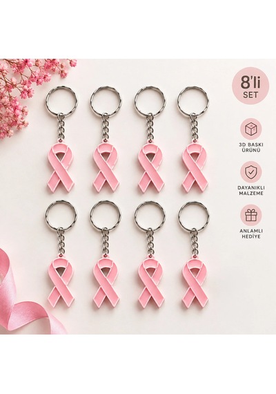 Pembe Kurdele Anahtarlık 8'li Set 3d Baskı Farkındalık Anahtarlığı