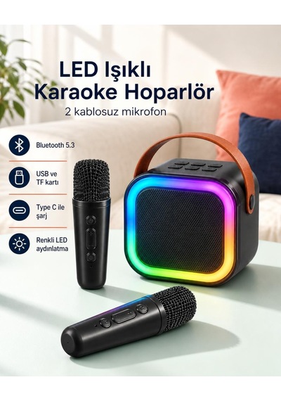 Led Işıklı Bluetooth 5.3 Karaoke Hoparlör Seti Çift Kablosuz Mikrofonlu