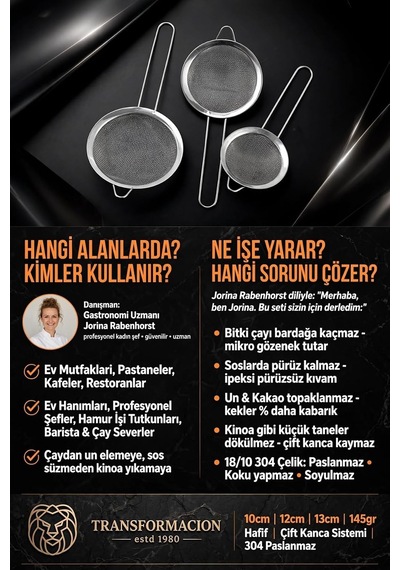 3lü İnce Gözenekli Premium 18/10 Paslanmaz Çelik Mutfak Tel Süzgeç Seti Çay Süzgeci Un Kakao Eleği 723475 Çok Renkli