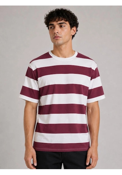 Novalisse Erkek Çizgili Oversize Tişört Bisiklet Yaka Kısa Kol Yazlık T-shirt - Bordo Çoklu Renk