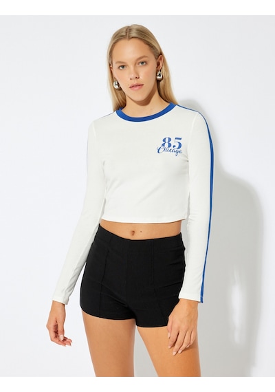 Koton Crop Tişört Uzun Kollu Kolej Baskılı Biyeli Slim Fit Pamuklu Ekru 5wal10521ık Ekru