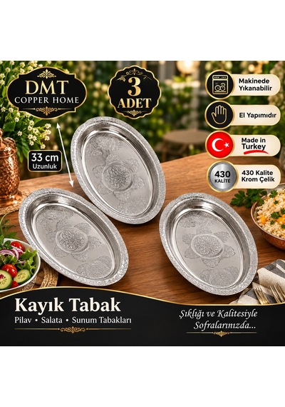 3 Adet 430 Kalite Krom Çelik İşlemeli Kayık Tabak 33 Cm El Yapımı Pilav Ve Salata Sunum Tabağı Gümüş
