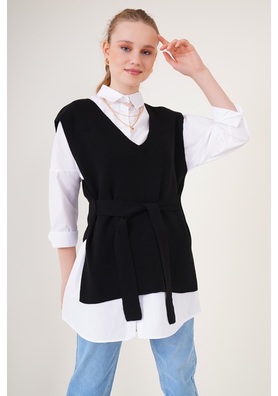 Bigdart 15760 Kuşaklı Triko Süveter - Siyah 001