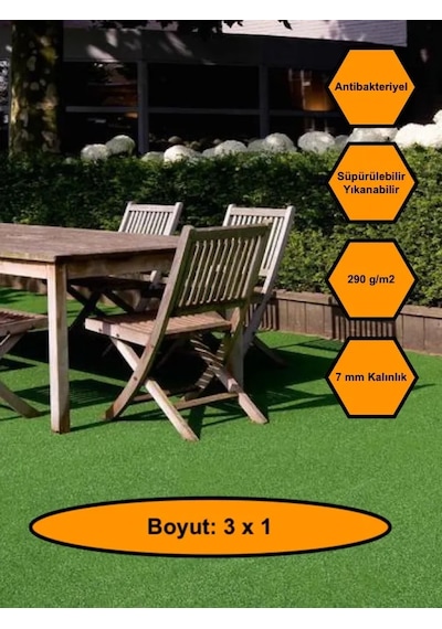 3x1 Metre Yapay Çim Halı, Lastik Taban, Yeşil Suni Halı, 7 Mm Kalınlığında 300 X 100
