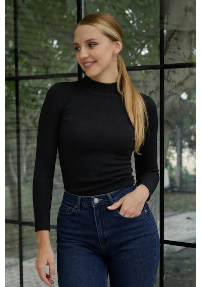 Aslındalook Kadın Fitilli Triko Esnek Uzun Kol Body Bluz Bady Siyah