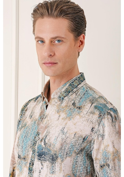 Efor Comfort Fit Düğmeli Yaka Batik Desenli Pamuk Mint Gömlek G 1566 Mint