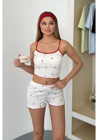 Giysa Kadın Askılı Kaplı Desenli Şortlu Pijama Takımı Beyaz - 3403