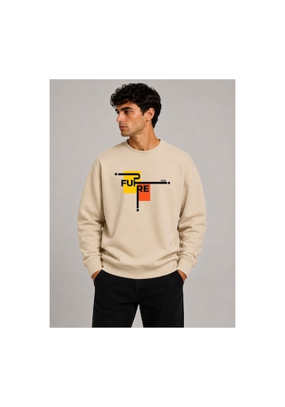 Herkesemoda Future Baskılı Bisiklet Yaka Şardonlu 2 İplik Sweatshirt Bej