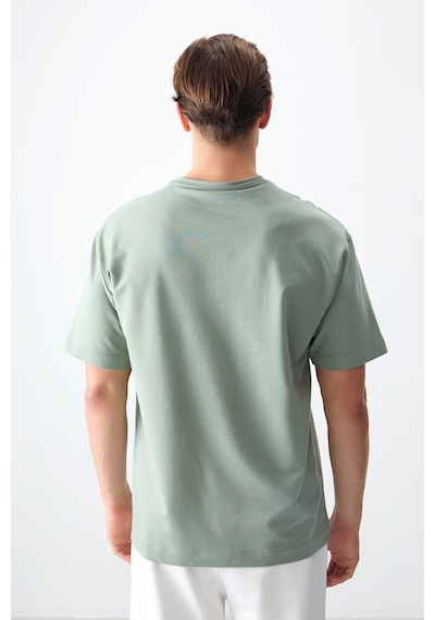 Air Jones Tommy Life Açık Yeşil Pamuklu Kalın Yumuşak Dokulu Oversize Fit Basic Erkek T-shirt - 88377 CAMEL