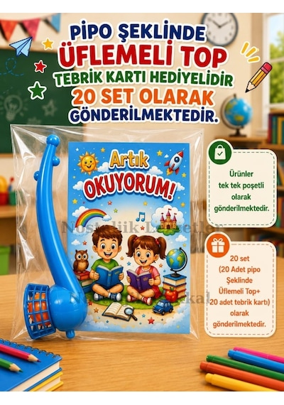20 Set Yeni Okumayı Öğrenen Öğrencilere Hediye Artık Okuyorum Yazılı 1. Sınıf Hatırası Pipo Şeklinde Üflemeli Top Tebrik Kartı Hediyeli