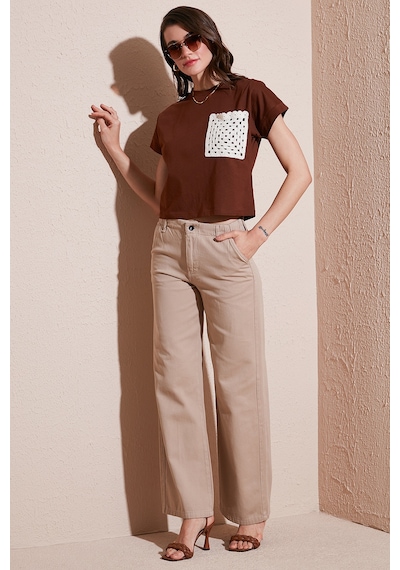 Lela Pamuklu Standart Fit Yüksek Bel Geniş Paça Bayan Pantolon 668Yp5344 Taş
