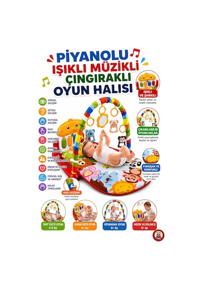 Oyuncak Piyanolu Sesli Işıklı Müzikli Çıngıraklı Bebek Oyun Halısı / Aynalı Aktivite Halısı / 0-6 Ay Ve 6+