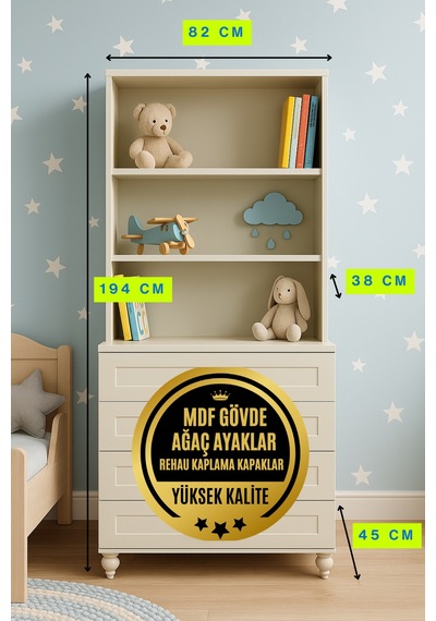Alin Çekmeceli Şifonyer Ve Kitaplık Set Kumtaşı Renk Mdf Gürgen Ağacı Ayaklı Diğer