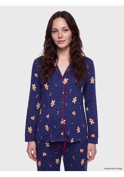 Lcw Dream Lacivert Gömlek Yaka Desenli Kadın Pijama Takımı