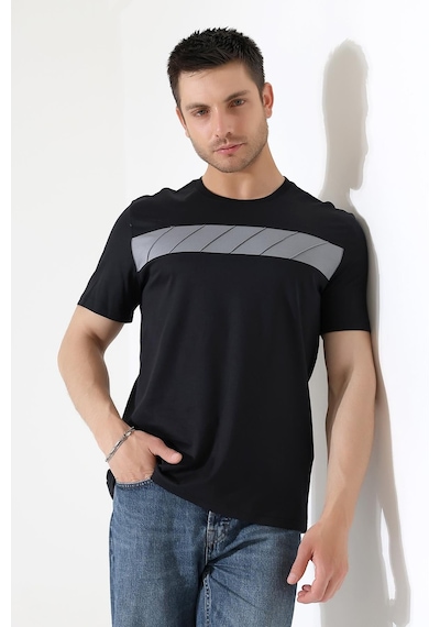 Rıbana Classıc Erkek İki Renk Parçalı Bisiklet Yaka T-shirt - Pamuklu Tişört Siyah