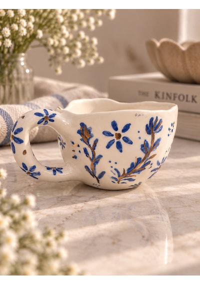 Floral Fil Kupa El Yapımı Seramik Altın - Mavi