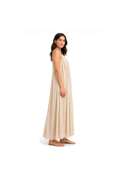 Lili Woman Kadın Bej İp Askılı Bürümcük Dokulu Maxi Elbise Fp.3173