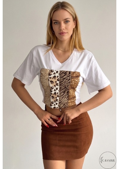 Cassime Kadın Leopar Desenli %100 Pamuk Büyük Beden Beyaz T-shirt