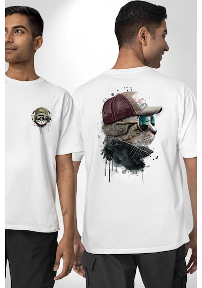 Pilot Çeketli Deri Şapkalı Cool Kedi Beyaz Oversize Unisex Ön Ve Sırt Baskılı Tişört Beyaz